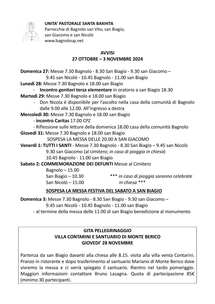 Calendario liturgico fino al 3 Novembre