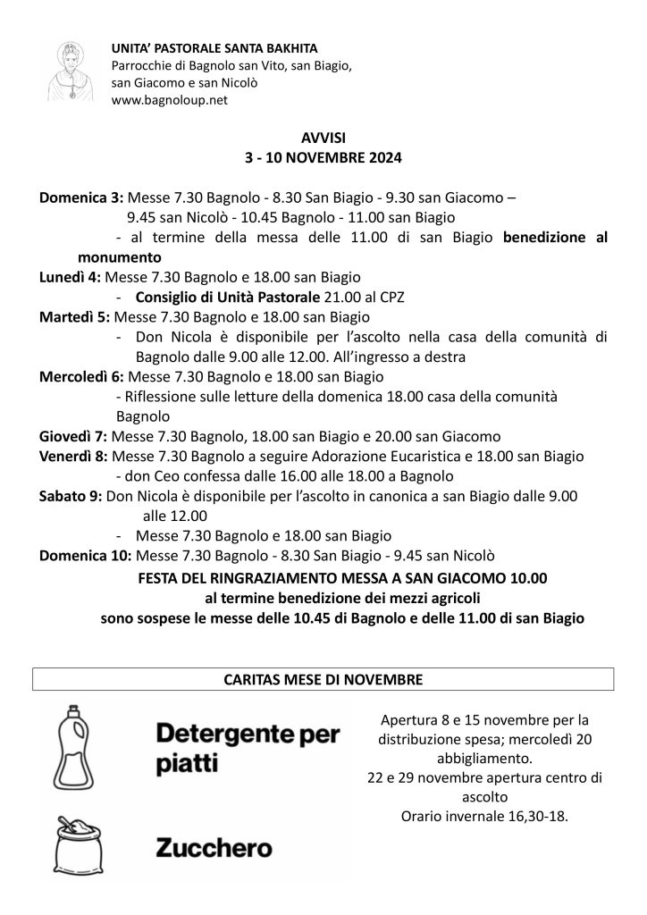 Calendario liturgico fino al 10 Novembre